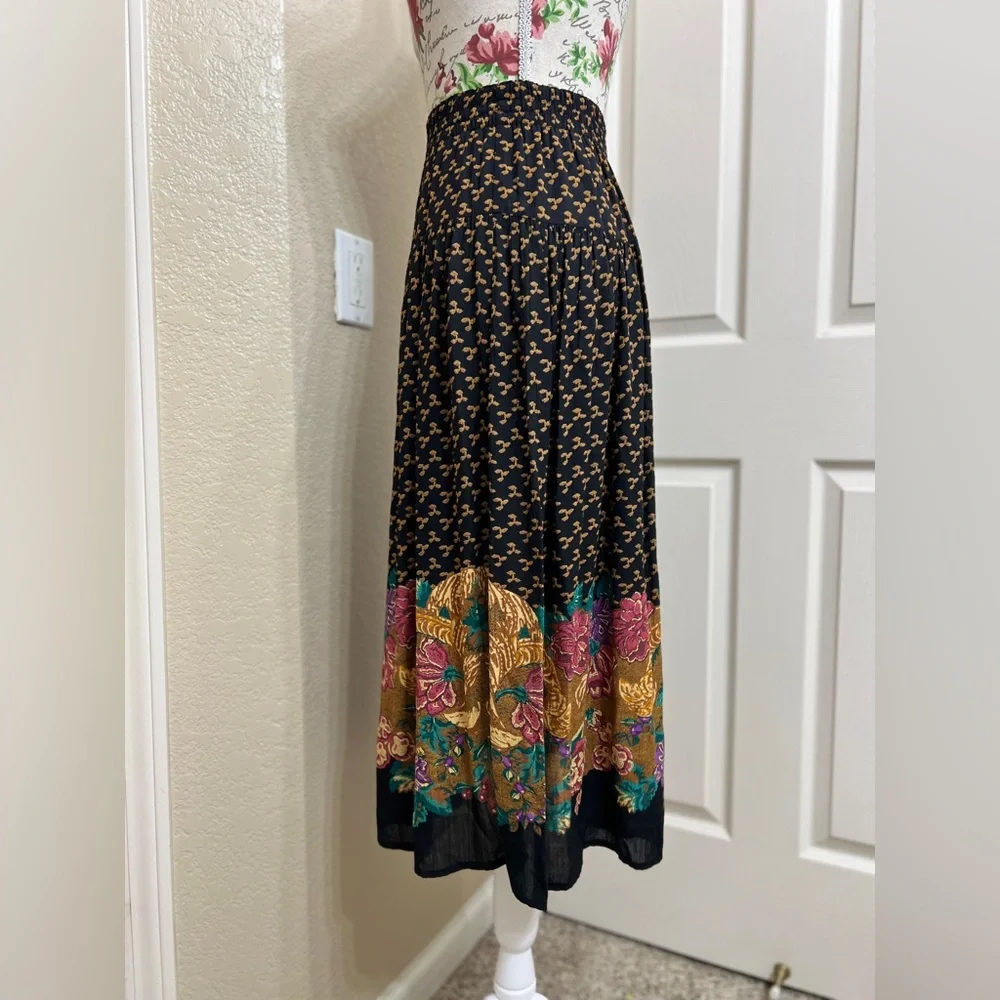 Carole Little Black Midi Skirt with Gold, Pink and Teal Floral Border